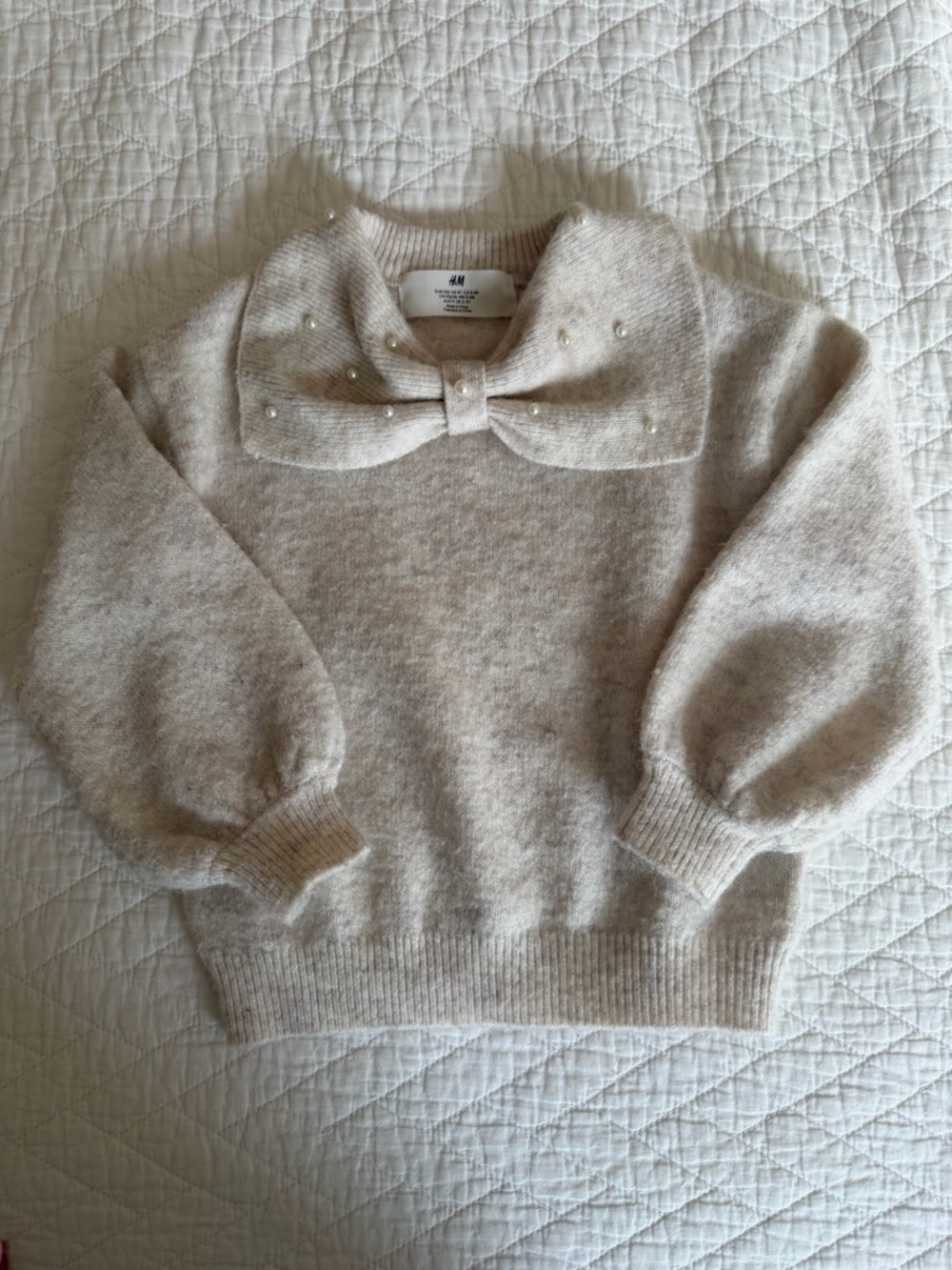 H&M Pearl-Embellished Cream Bow Collar Sweater